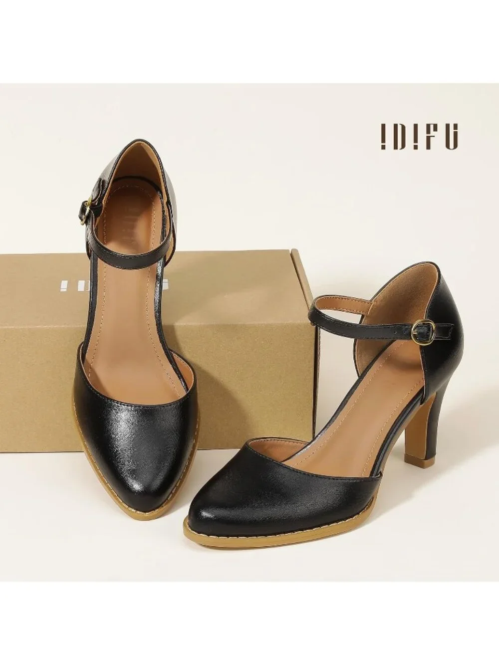 Women's Black Pu Closed Toe Chunky High Heel Comfortable Party Dress Pumps Shoes